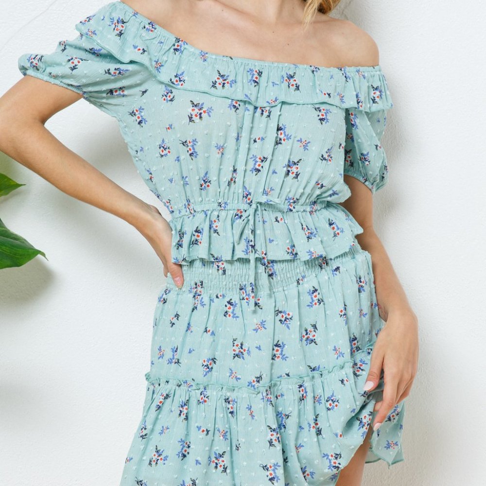 2 piece set- Boho Floral Off Shoulder Tie Front Ruffle Skirt